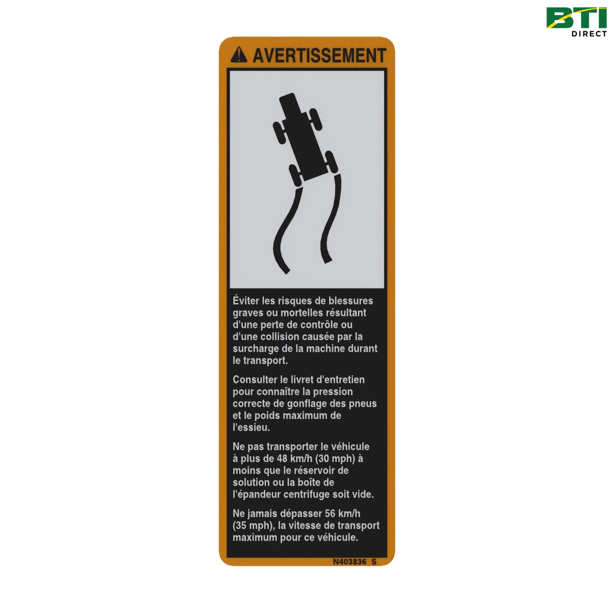 N403836: Label, Warning Transport, French