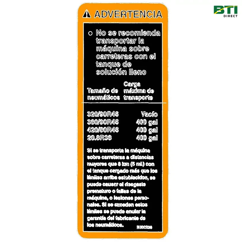 N302238: Label, Warning Transport, Spanish