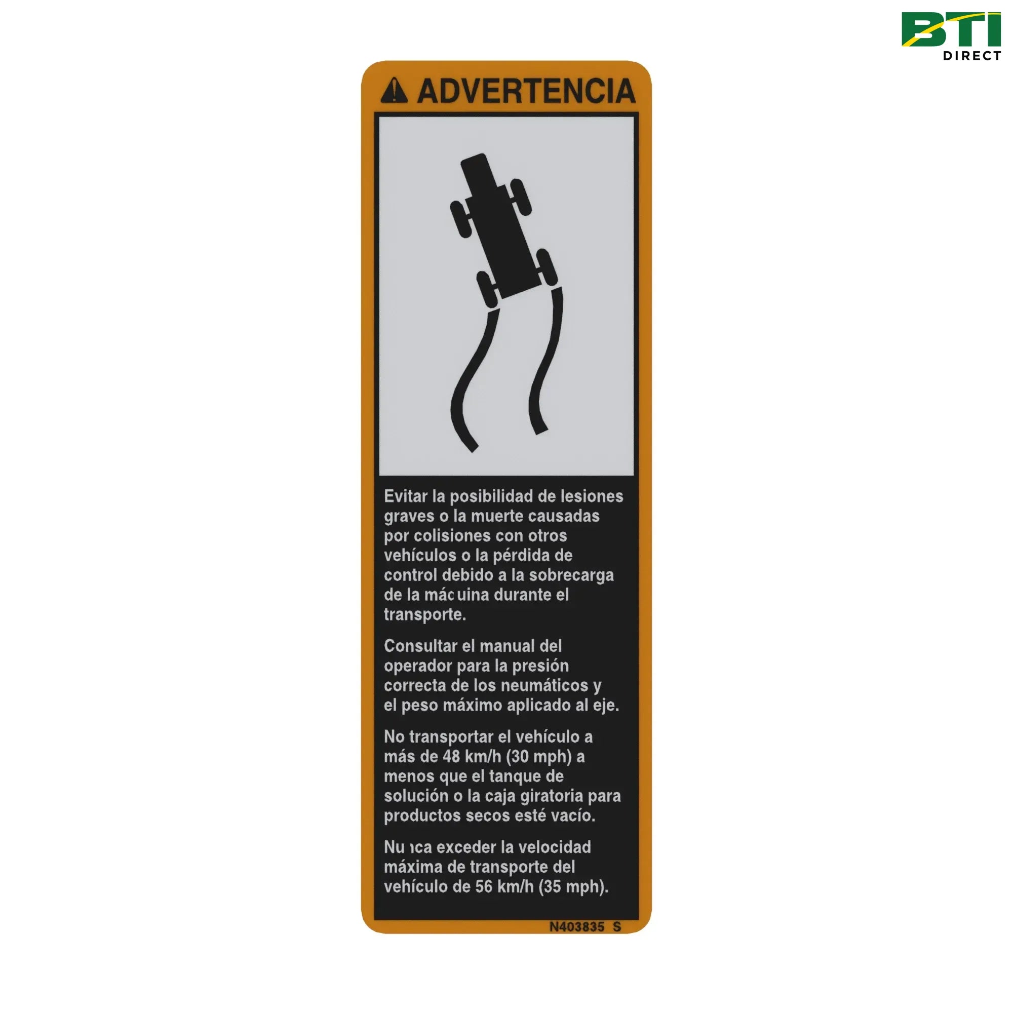 N403835: Label, Warning Transport, Spanish