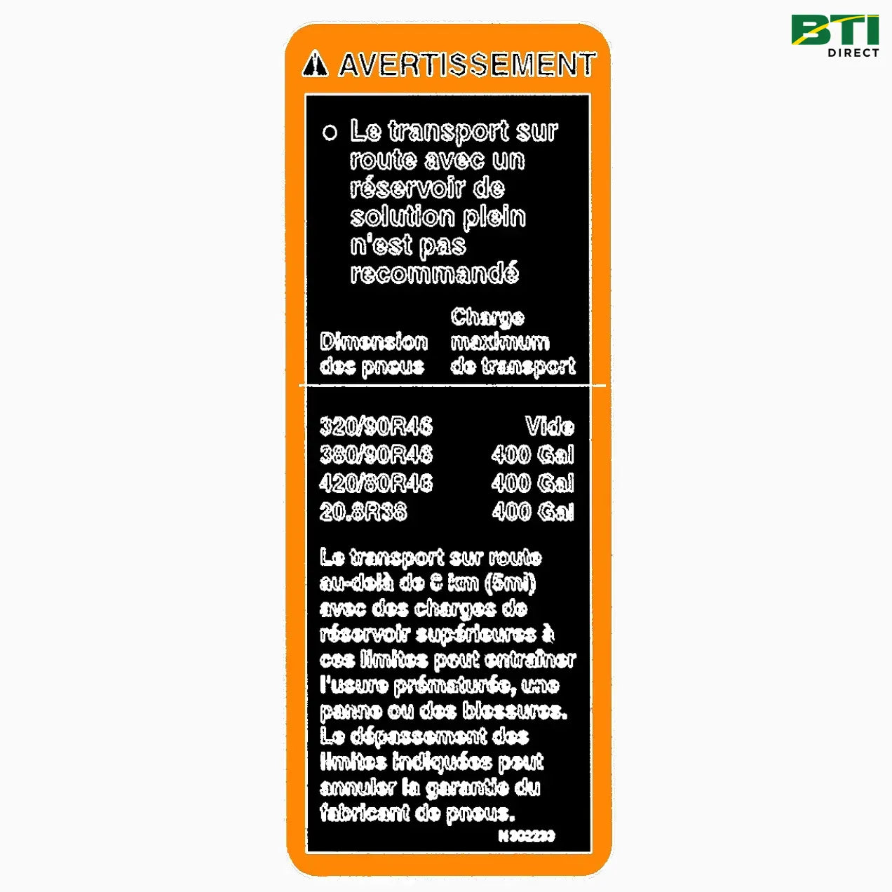 N302239: Label, Warning Transport, French
