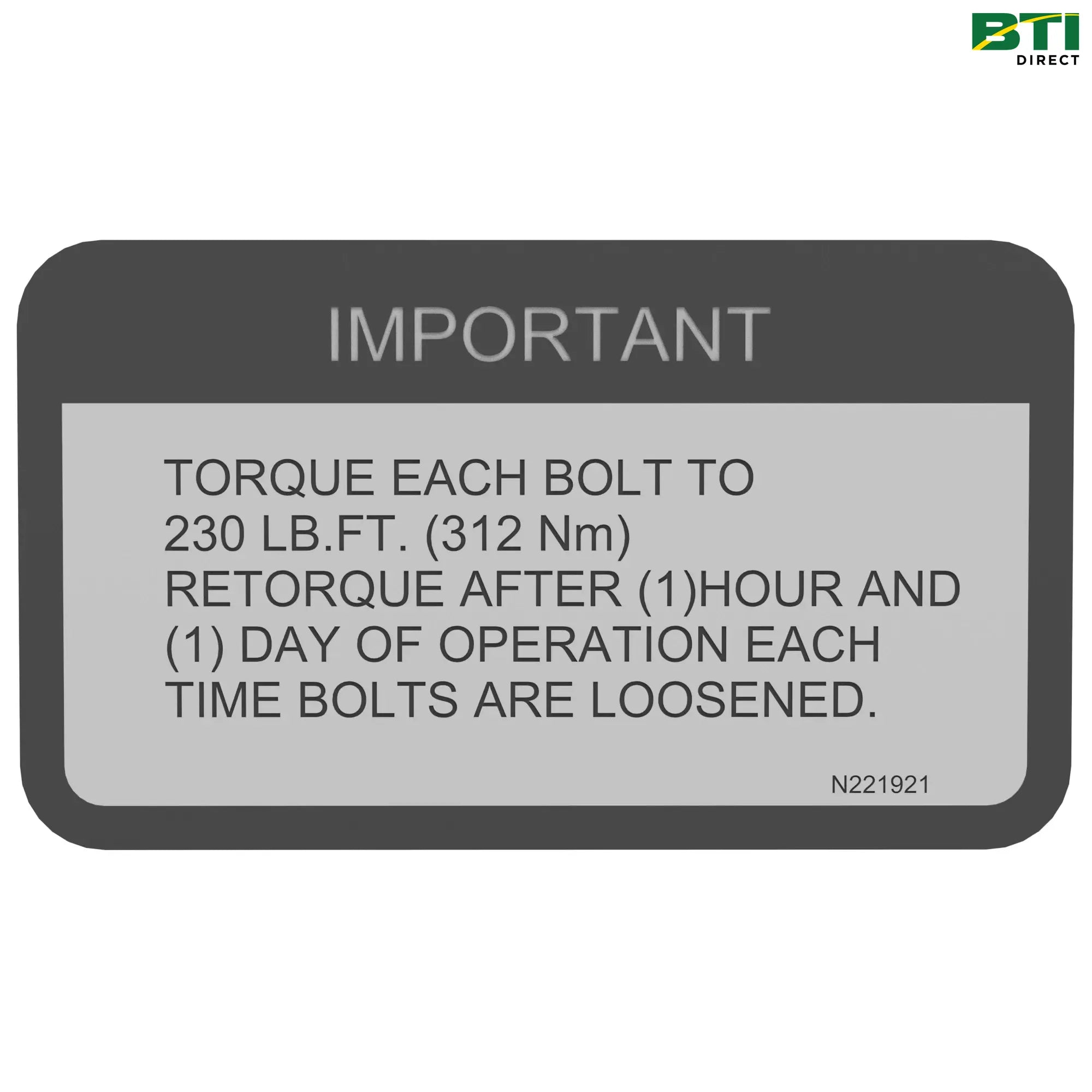 N221921: torque Label 230 LB