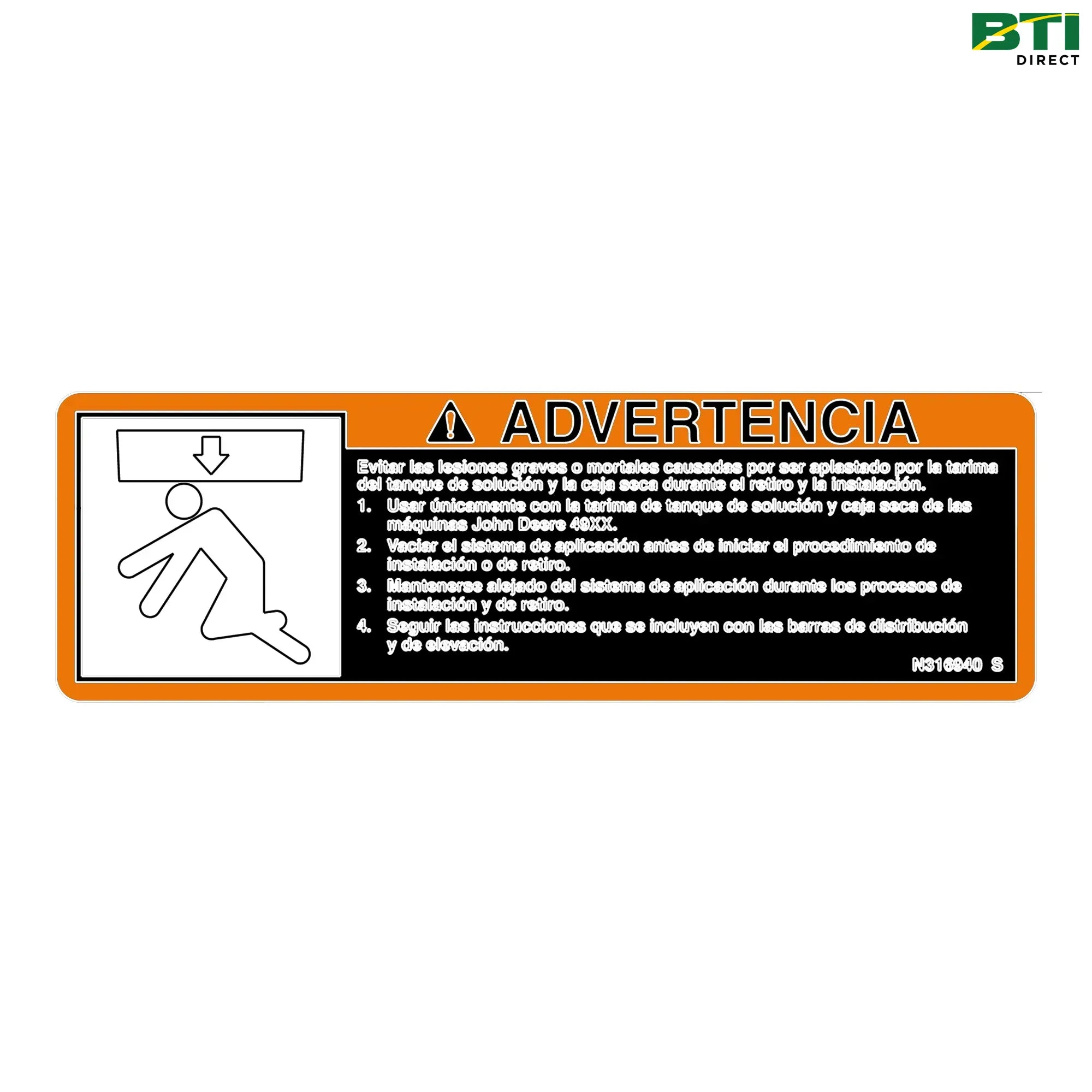 N316940: Lift Bar Warning Decal, Spanish
